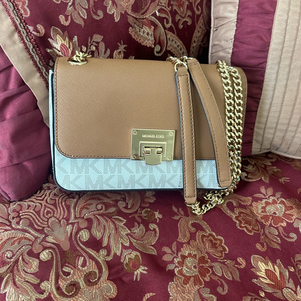 Michael Kors Cream and Tan Crossbody Bag with Gold-Tone Hardware